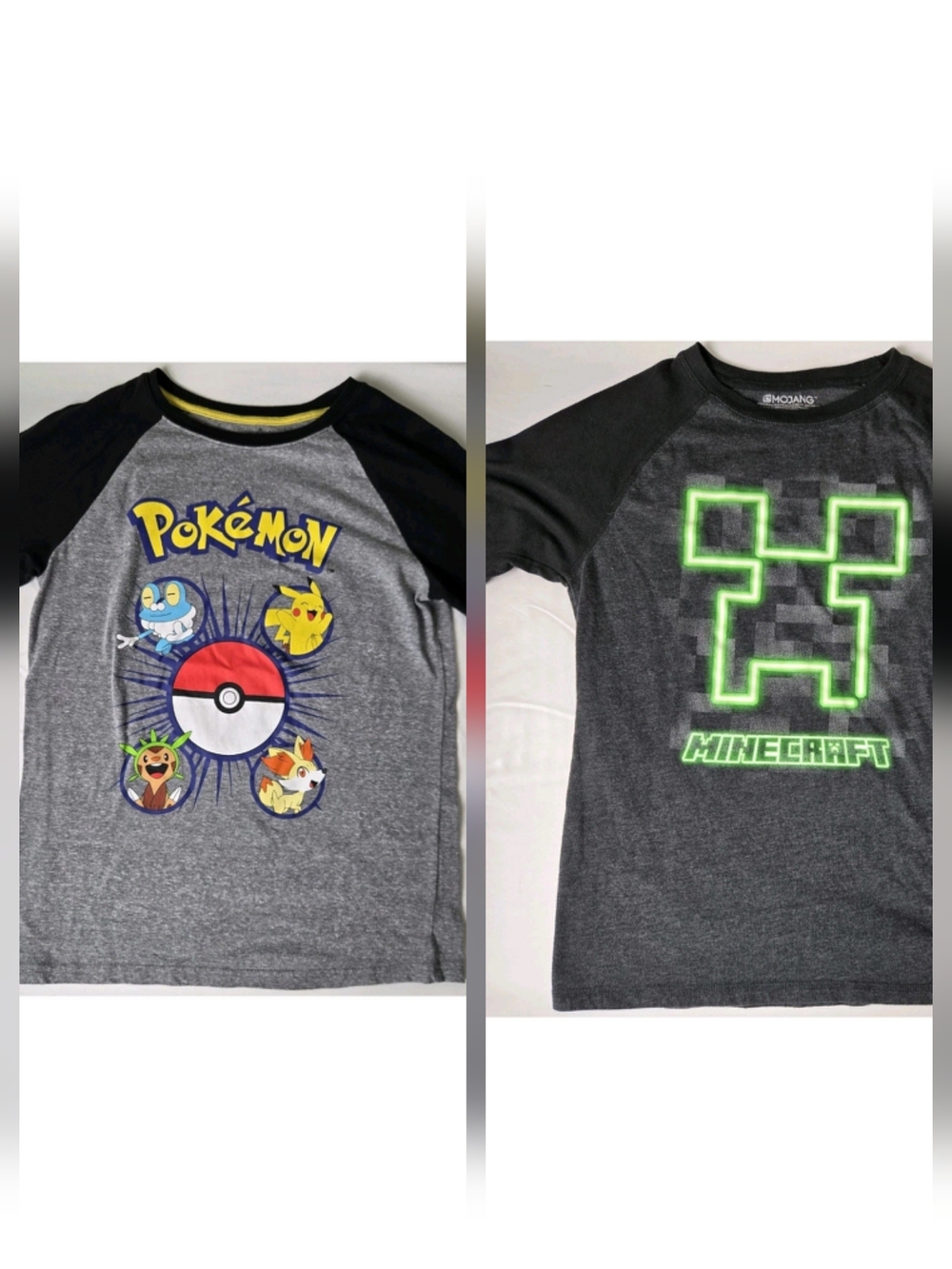 Pokémon & Minecraft Boys' Gray Raglan Graphic Tee - Black Sleeves YXL 14-16 Set2